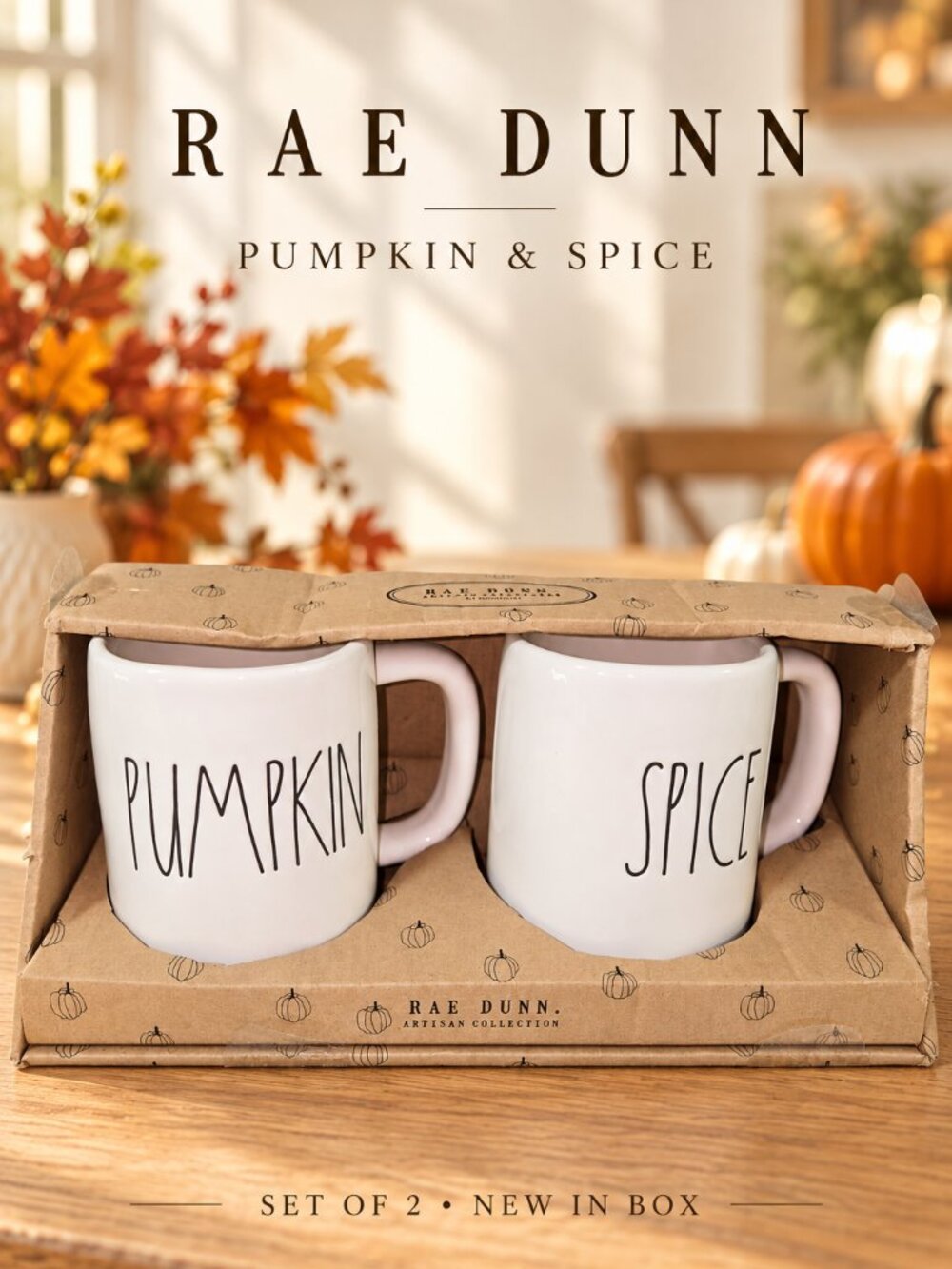 Rae Dunn PUMPKIN & SPICE Mug Set of 2 • New in Original Box